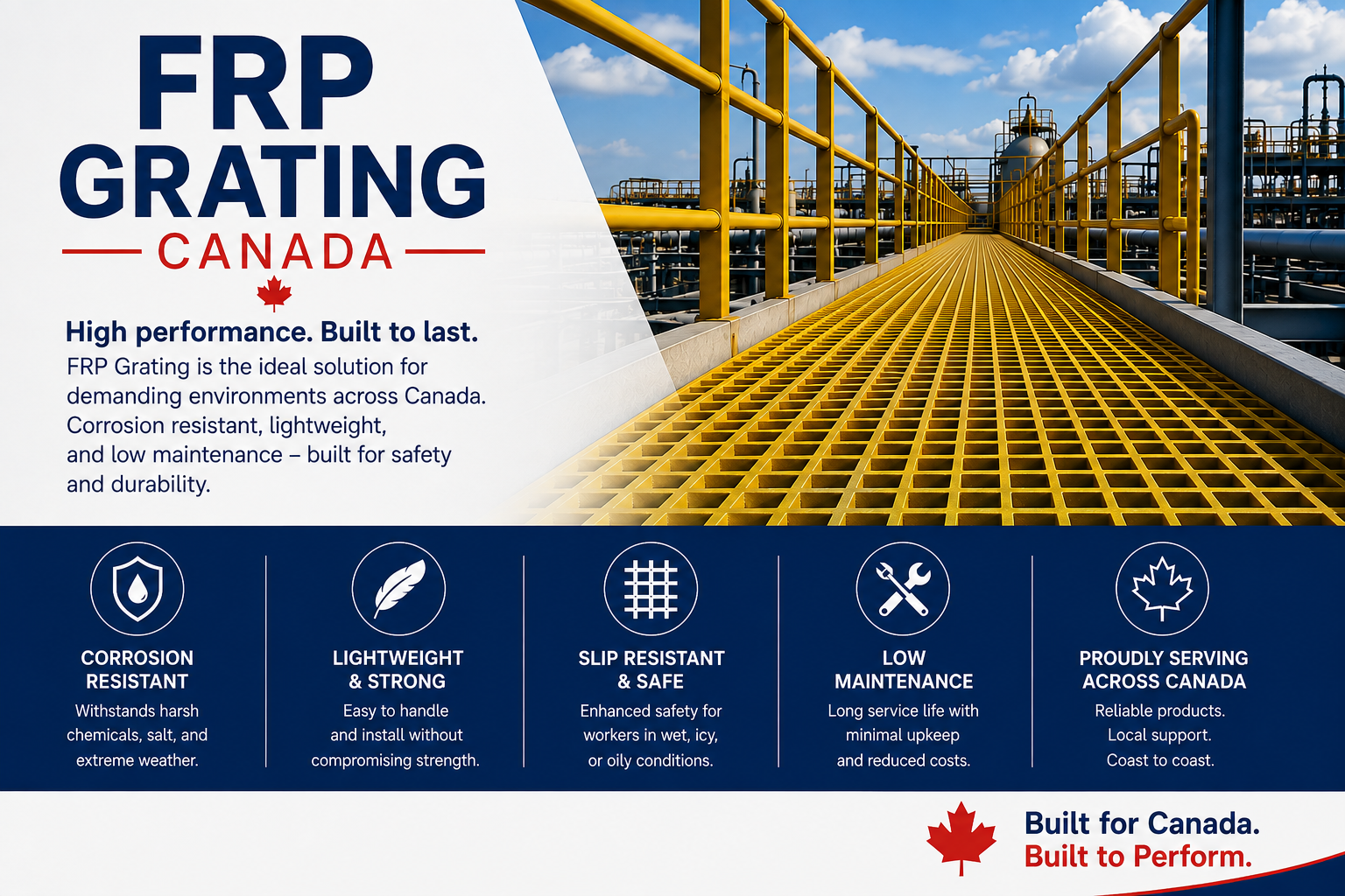 AccessGrate FRP fiberglass grating panel installed on an industrial walkway in Canada